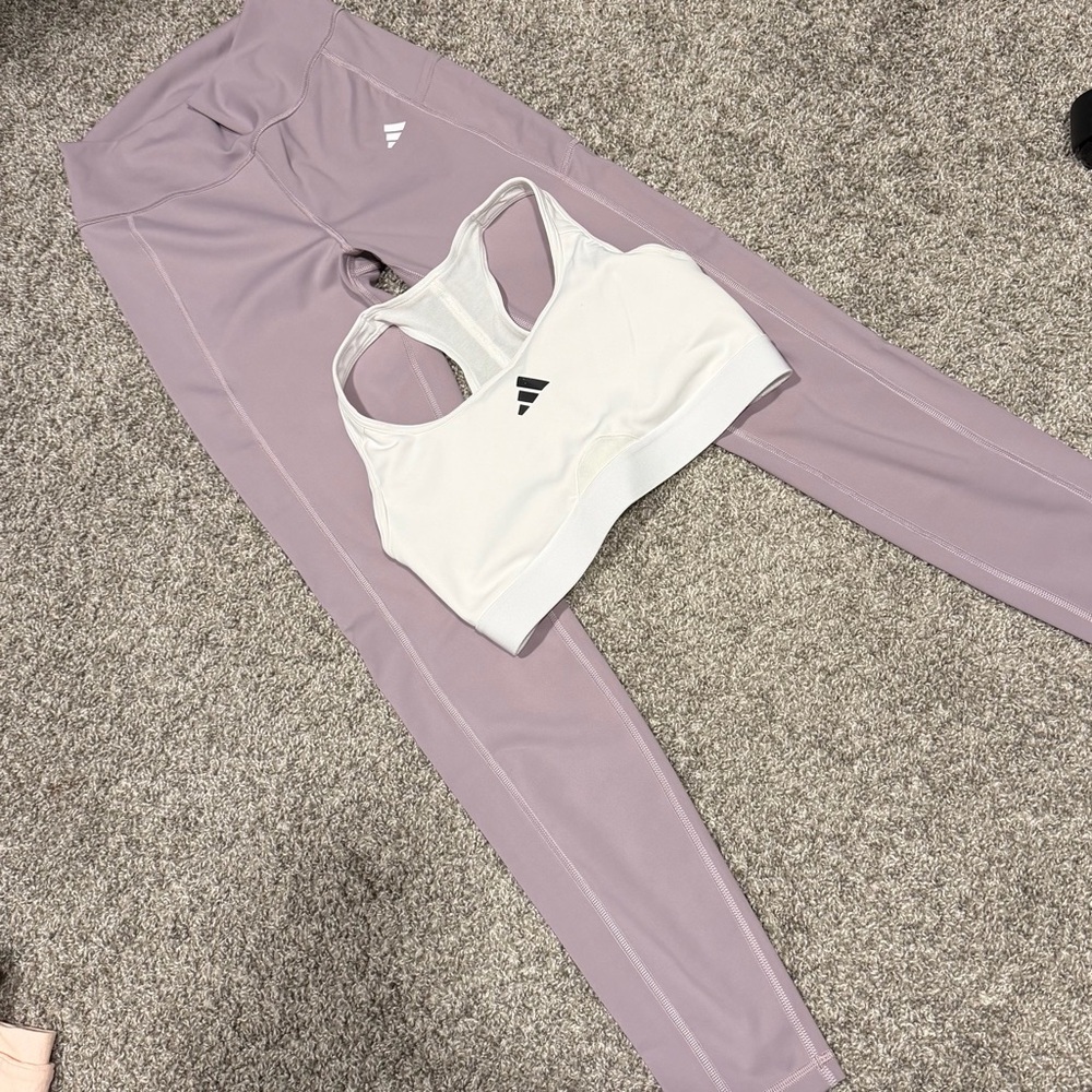Adidas White Sports Bra with Mauve Leggings
